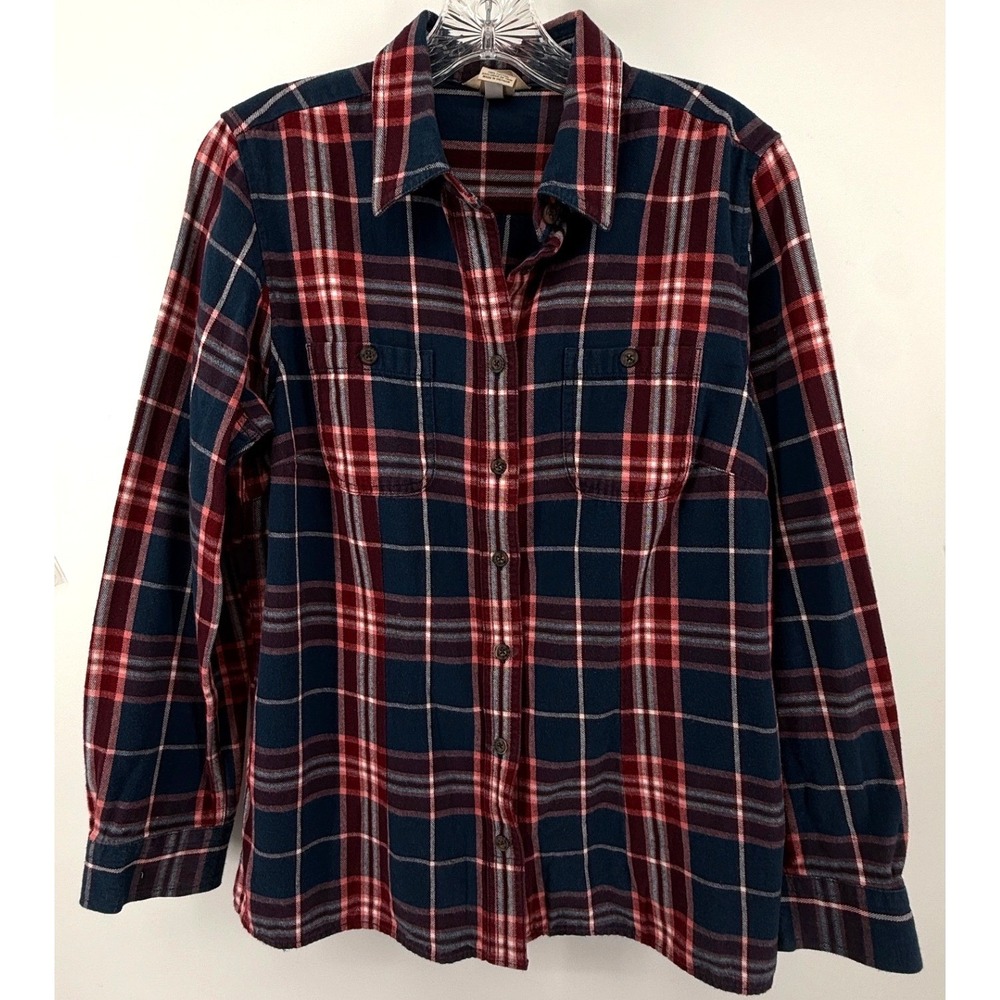 Duluth Trading Co Womens Medium Flannel Shirt Navy Blue Red Plaid Button Up